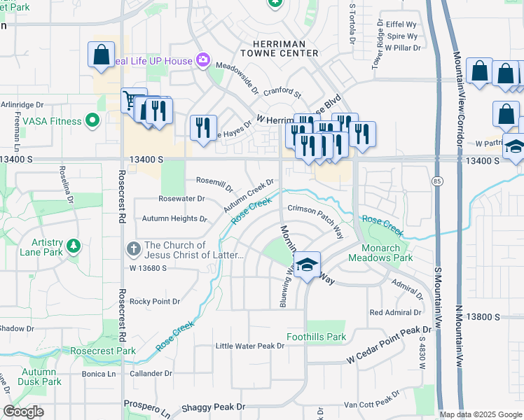 map of restaurants, bars, coffee shops, grocery stores, and more near 13522 Crimson Patch Way in Riverton