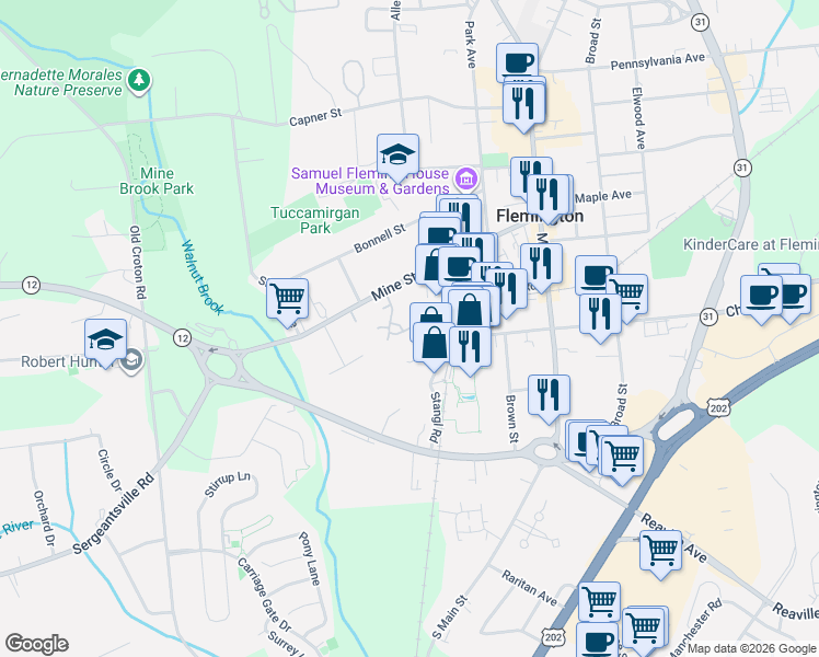 map of restaurants, bars, coffee shops, grocery stores, and more near 49 Coppermine Village in Flemington
