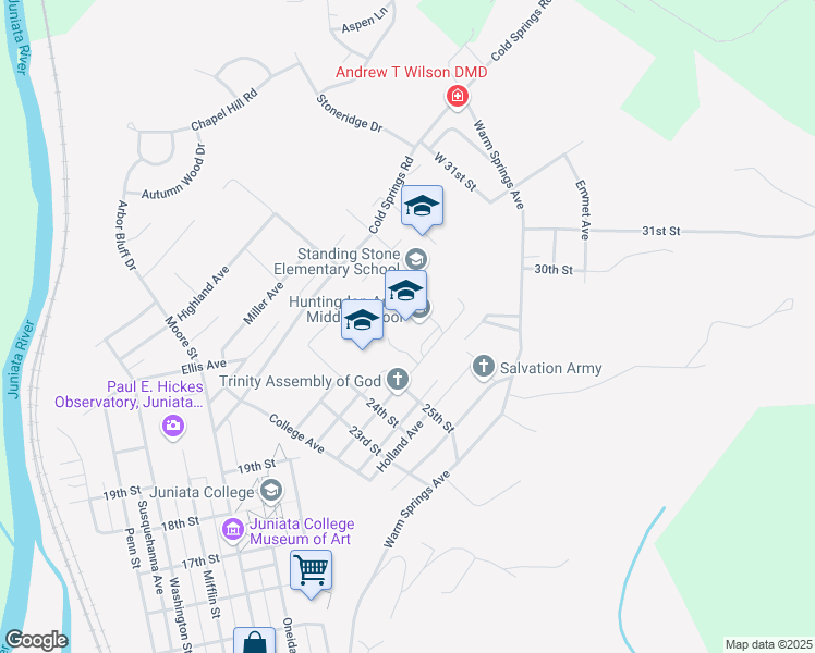 map of restaurants, bars, coffee shops, grocery stores, and more near 2500 Cassady Avenue in Huntingdon