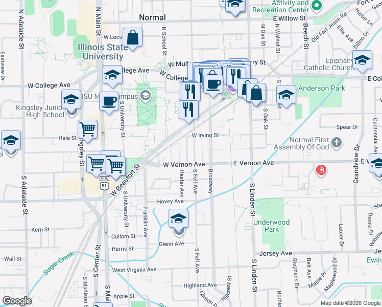 map of restaurants, bars, coffee shops, grocery stores, and more near 609 South Fell Avenue in Normal