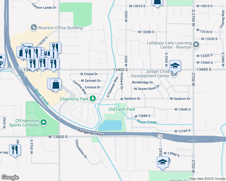 map of restaurants, bars, coffee shops, grocery stores, and more near 13527 South Palawan Way in Riverton