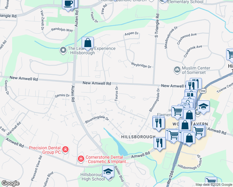 map of restaurants, bars, coffee shops, grocery stores, and more near 1207 Tudor Court in Hillsborough Township