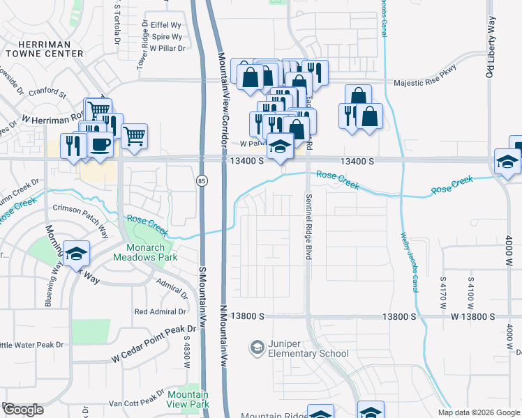 map of restaurants, bars, coffee shops, grocery stores, and more near 13528 Commodus Drive in Riverton