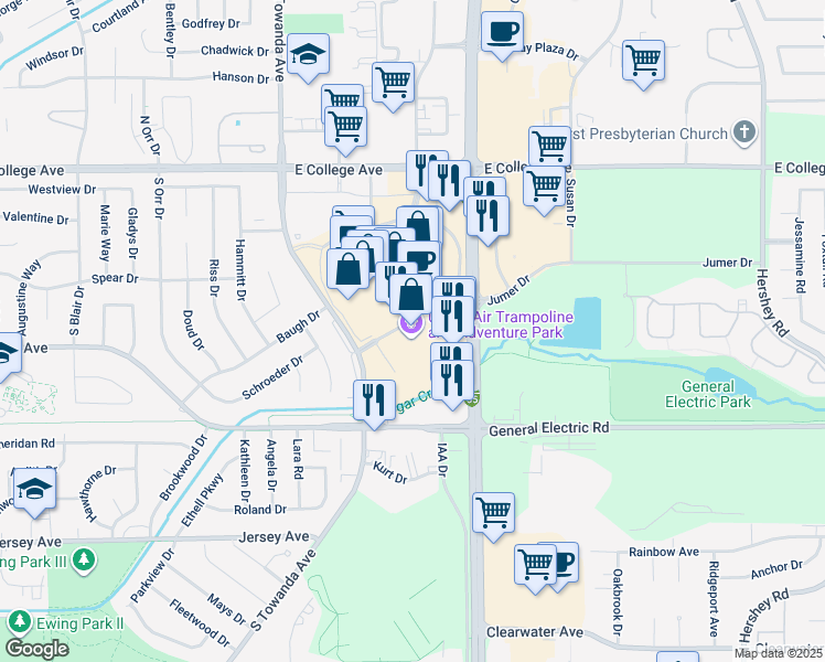 map of restaurants, bars, coffee shops, grocery stores, and more near 301 South Veterans Parkway in Normal