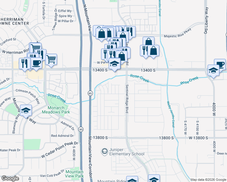 map of restaurants, bars, coffee shops, grocery stores, and more near 13536 Poole Drive in Riverton
