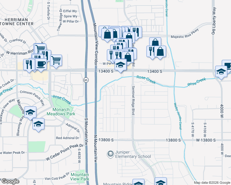 map of restaurants, bars, coffee shops, grocery stores, and more near 4587 13400 South in Riverton
