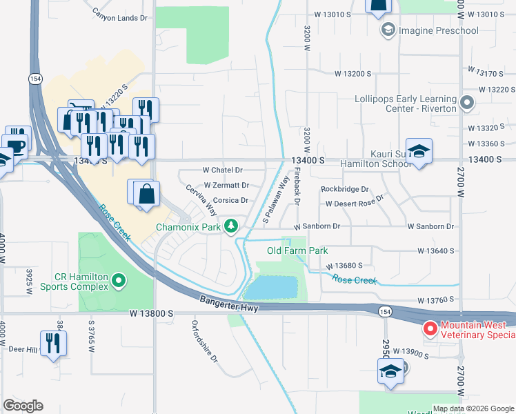 map of restaurants, bars, coffee shops, grocery stores, and more near 13529 Chamonix Way in Riverton