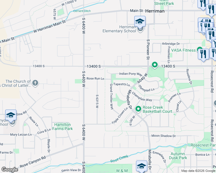 map of restaurants, bars, coffee shops, grocery stores, and more near 13524 Grand Trotter Way in Herriman
