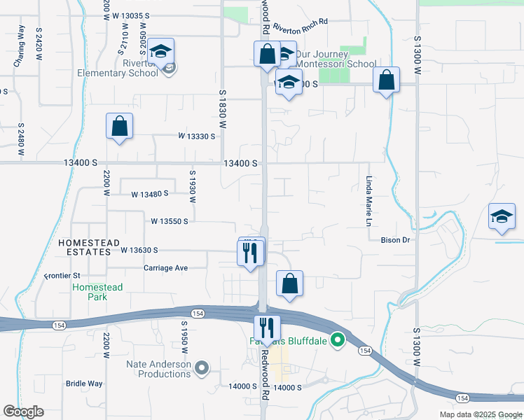 map of restaurants, bars, coffee shops, grocery stores, and more near 13518 1700 West in Riverton