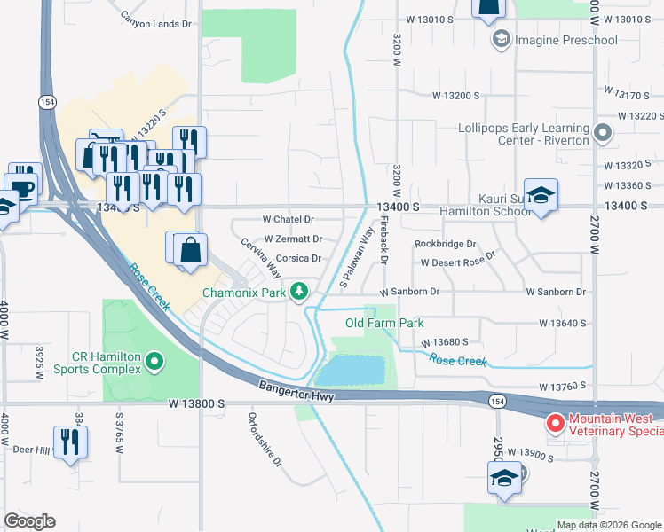 map of restaurants, bars, coffee shops, grocery stores, and more near 13529 Chamonix Way in Riverton