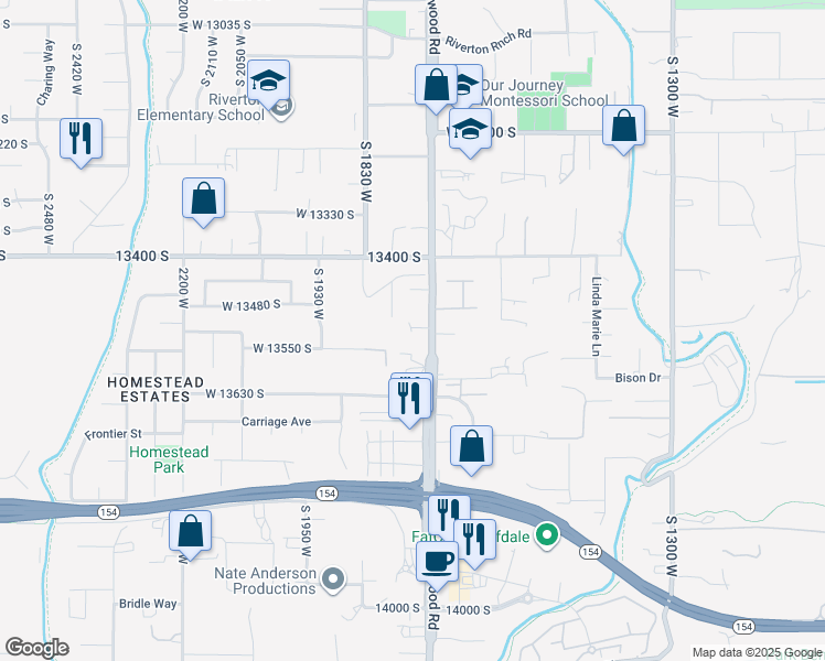 map of restaurants, bars, coffee shops, grocery stores, and more near 13518 1700 West in Riverton