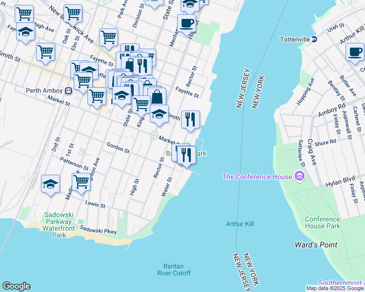 map of restaurants, bars, coffee shops, grocery stores, and more near Market St & Water St in Perth Amboy