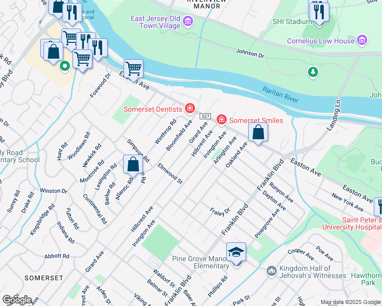 map of restaurants, bars, coffee shops, grocery stores, and more near 39 Girard Avenue in Franklin Township