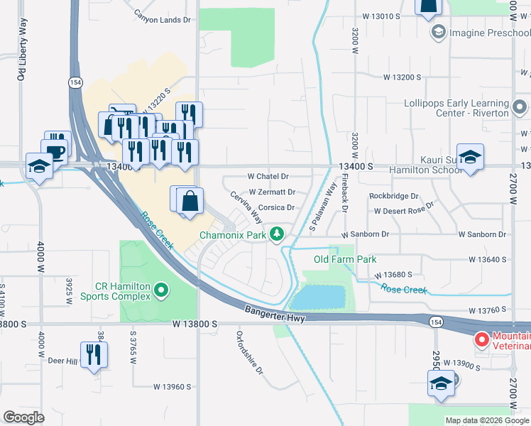 map of restaurants, bars, coffee shops, grocery stores, and more near 3388 Corsica Drive in Riverton