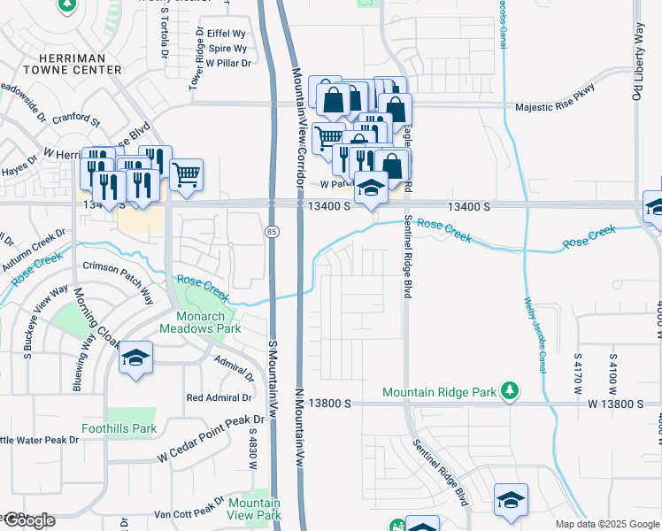 map of restaurants, bars, coffee shops, grocery stores, and more near 4701 West 13400 South in Riverton