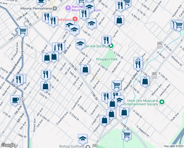 map of restaurants, bars, coffee shops, grocery stores, and more near 1529 1st Avenue in Altoona
