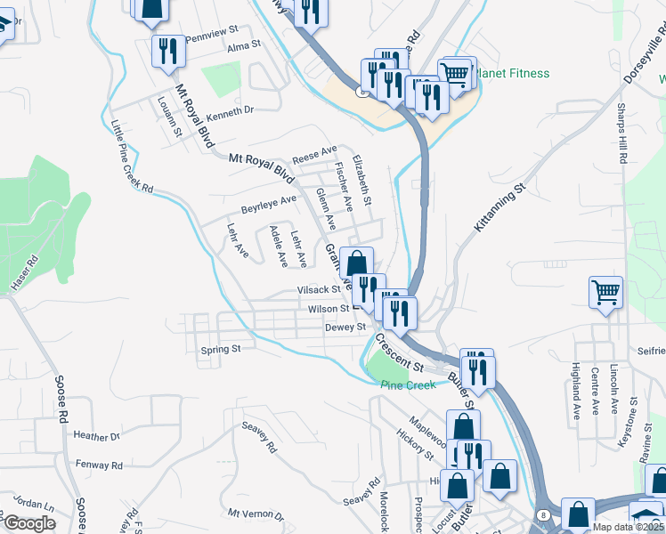 map of restaurants, bars, coffee shops, grocery stores, and more near 12 Ferguson Place in Pittsburgh
