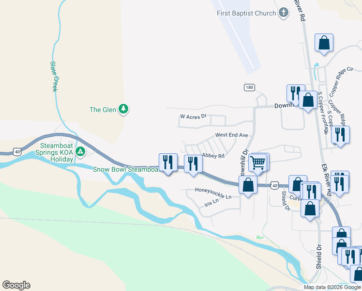 map of restaurants, bars, coffee shops, grocery stores, and more near 3024 Abbey Road in Steamboat Springs
