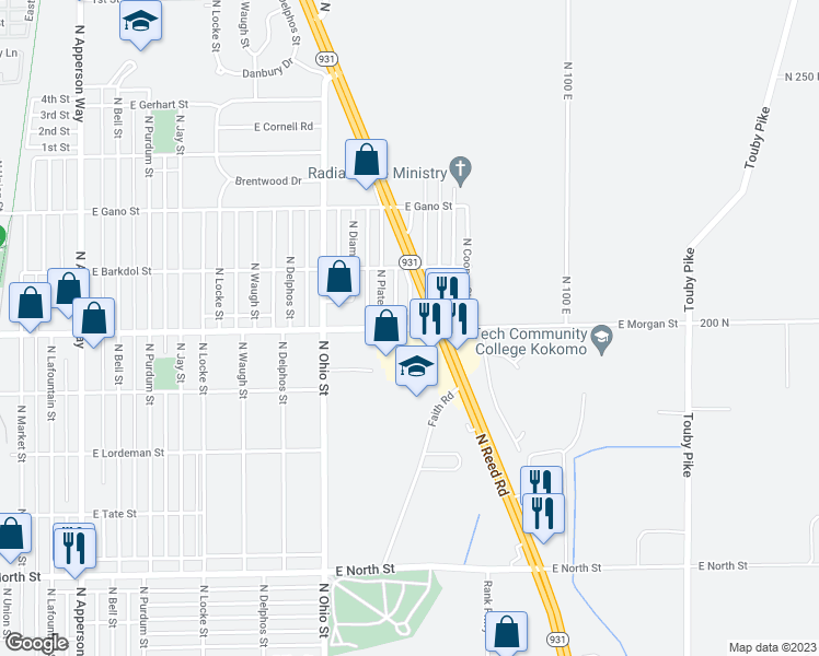 map of restaurants, bars, coffee shops, grocery stores, and more near 1201 North Elizabeth Street in Kokomo