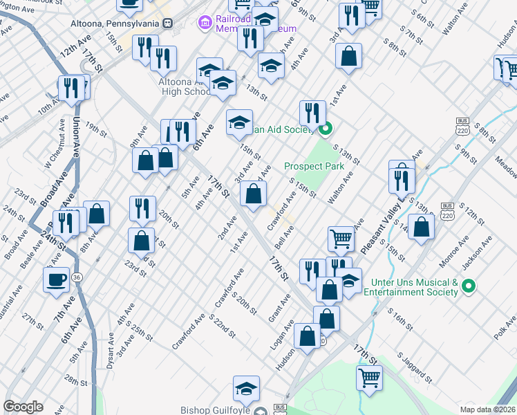 map of restaurants, bars, coffee shops, grocery stores, and more near 111-13 16th Street in Altoona