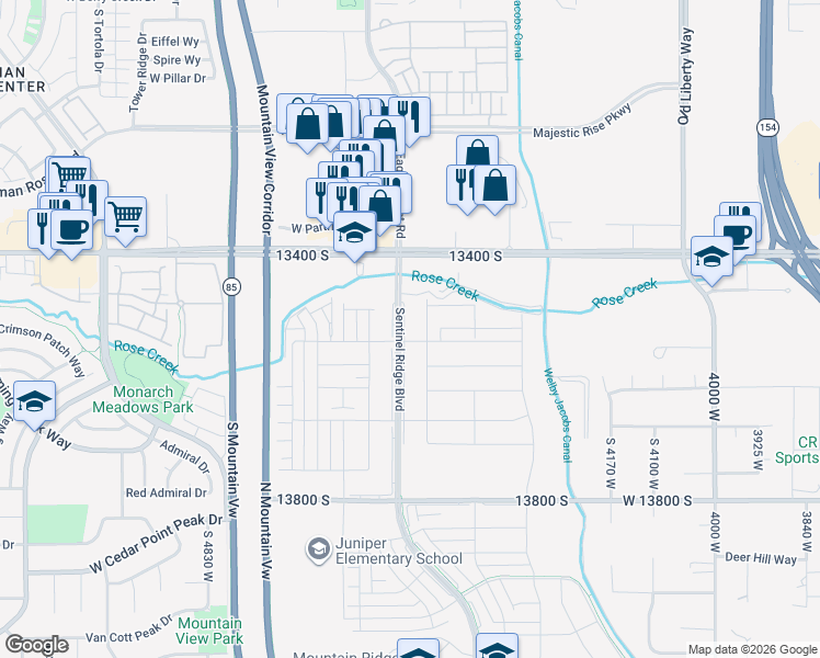 map of restaurants, bars, coffee shops, grocery stores, and more near 13521 Luther Lane in Riverton