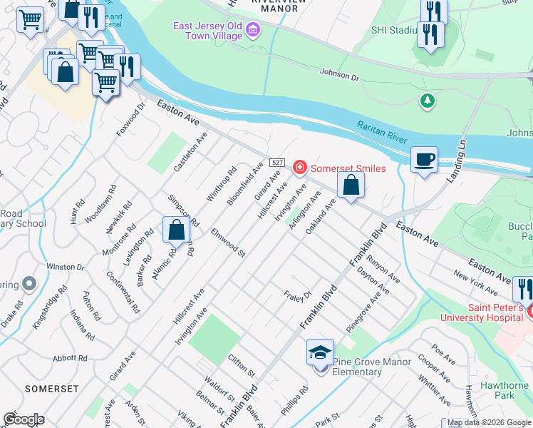 map of restaurants, bars, coffee shops, grocery stores, and more near 31 Hillcrest Avenue in Franklin Township