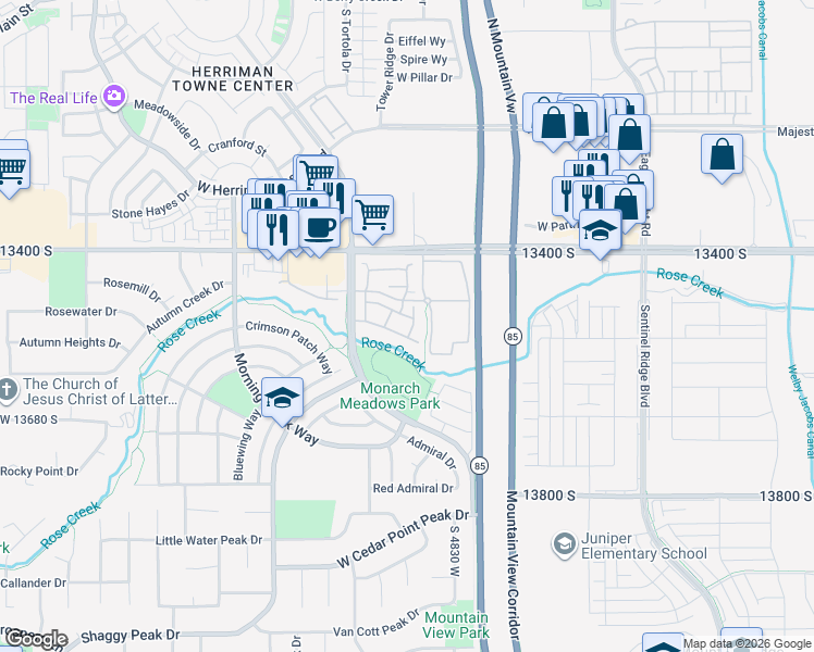 map of restaurants, bars, coffee shops, grocery stores, and more near 13504 Mimosa Circle in Riverton