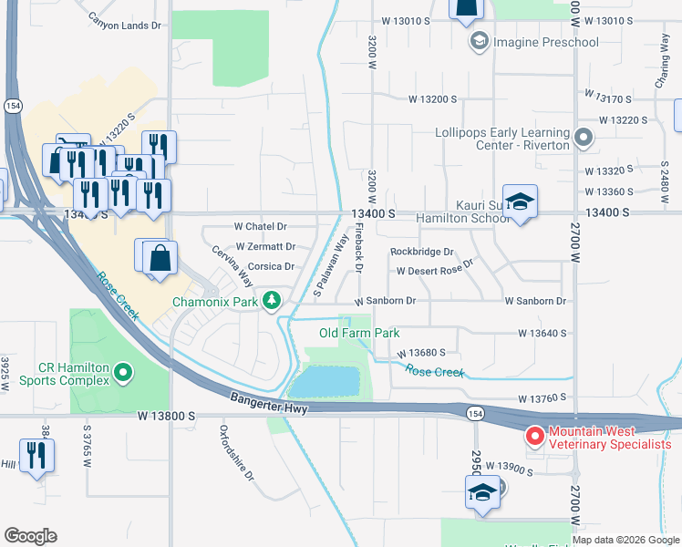 map of restaurants, bars, coffee shops, grocery stores, and more near 13526 Hackle Lane in Riverton