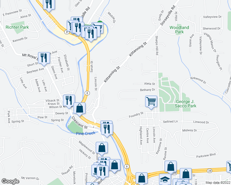 map of restaurants, bars, coffee shops, grocery stores, and more near 52 Bethany Drive in Pittsburgh