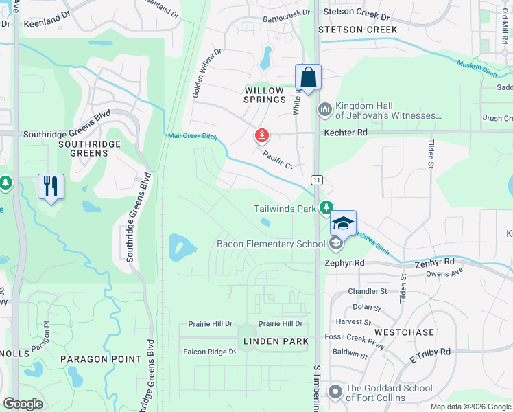 map of restaurants, bars, coffee shops, grocery stores, and more near 6029 County Road 11 in Fort Collins