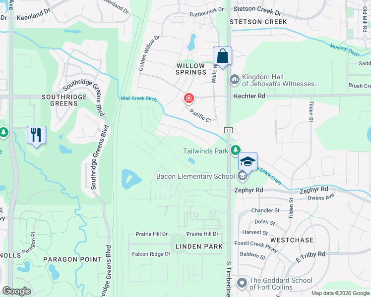 map of restaurants, bars, coffee shops, grocery stores, and more near 6029 South Timberline Road in Fort Collins