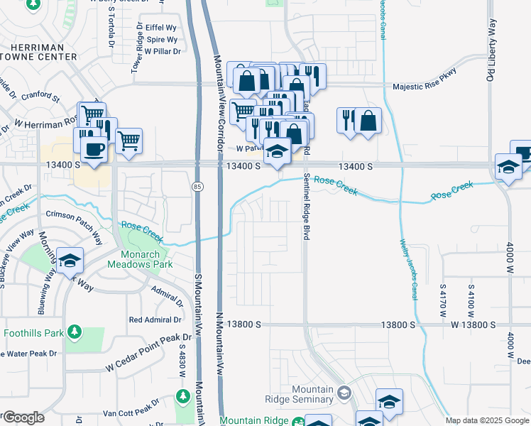 map of restaurants, bars, coffee shops, grocery stores, and more near 13537 Commodus Drive in Riverton