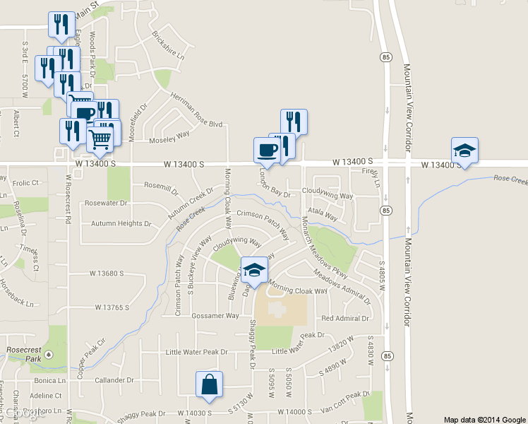 map of restaurants, bars, coffee shops, grocery stores, and more near 5106 Crimson Patch Way in Riverton