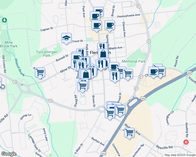 map of restaurants, bars, coffee shops, grocery stores, and more near 169r Main Street in Flemington