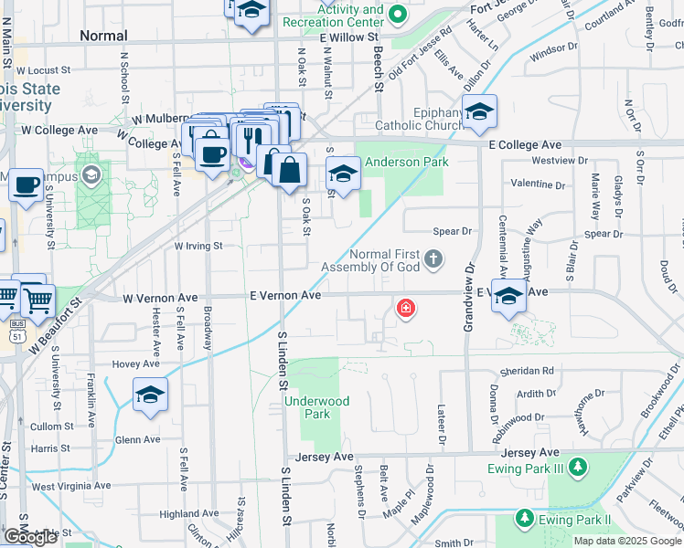 map of restaurants, bars, coffee shops, grocery stores, and more near 7 Flora Way in Normal