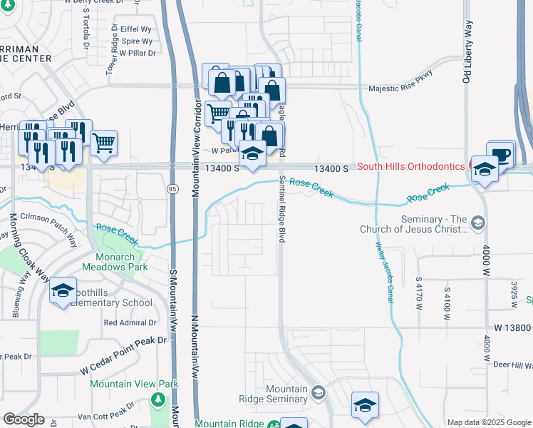 map of restaurants, bars, coffee shops, grocery stores, and more near 4555 W 13400 S in Riverton