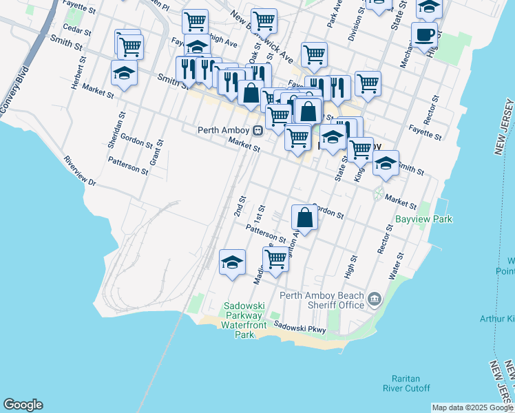 map of restaurants, bars, coffee shops, grocery stores, and more near 158 2nd Street in Perth Amboy