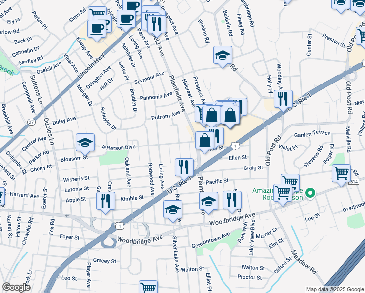 map of restaurants, bars, coffee shops, grocery stores, and more near 22 Jefferson Boulevard in Edison