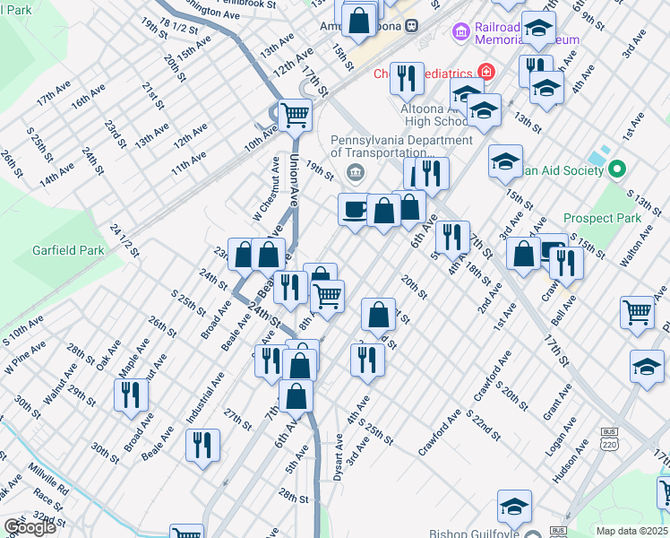 map of restaurants, bars, coffee shops, grocery stores, and more near 807-09 21st Street in Altoona