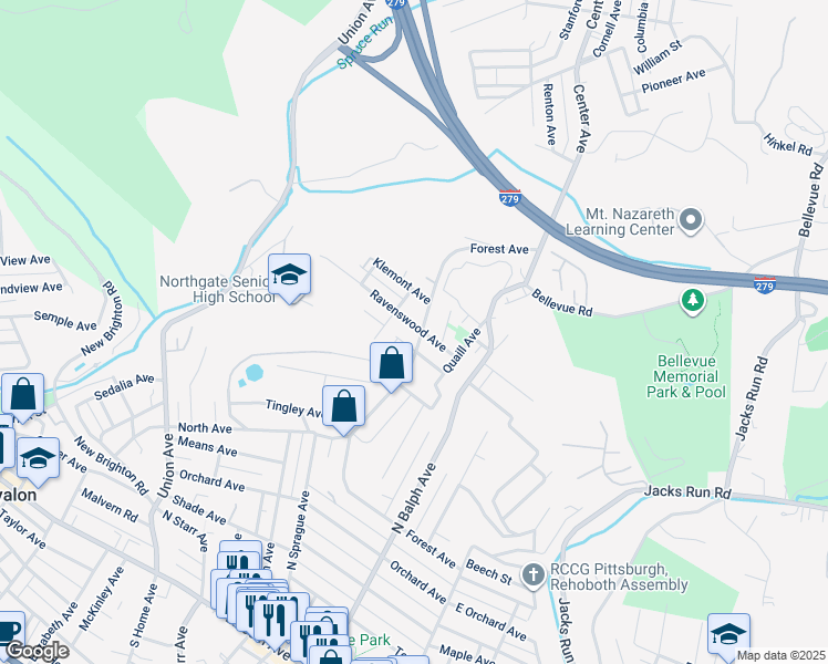 map of restaurants, bars, coffee shops, grocery stores, and more near 611 Ravenswood Avenue in Pittsburgh