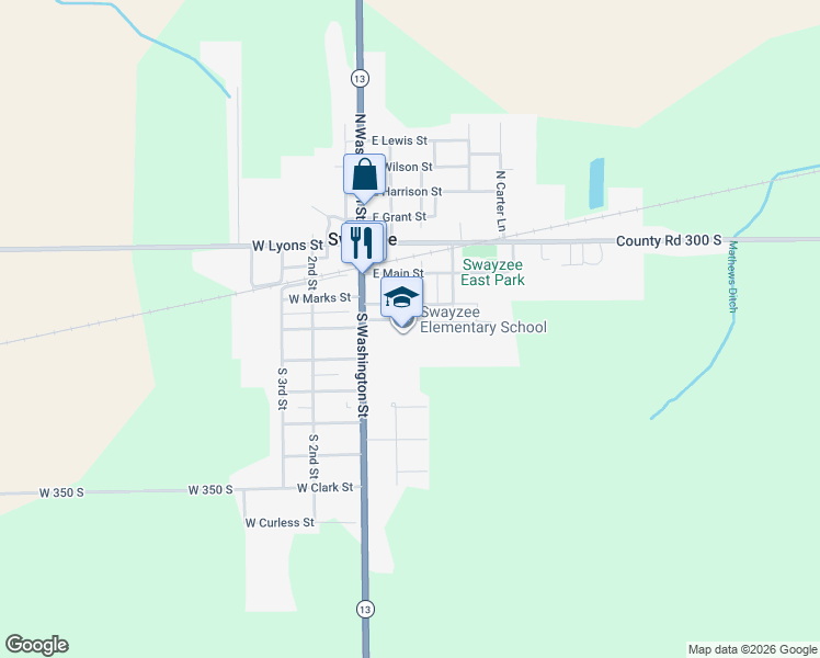 map of restaurants, bars, coffee shops, grocery stores, and more near 204 East Marks Street in Swayzee