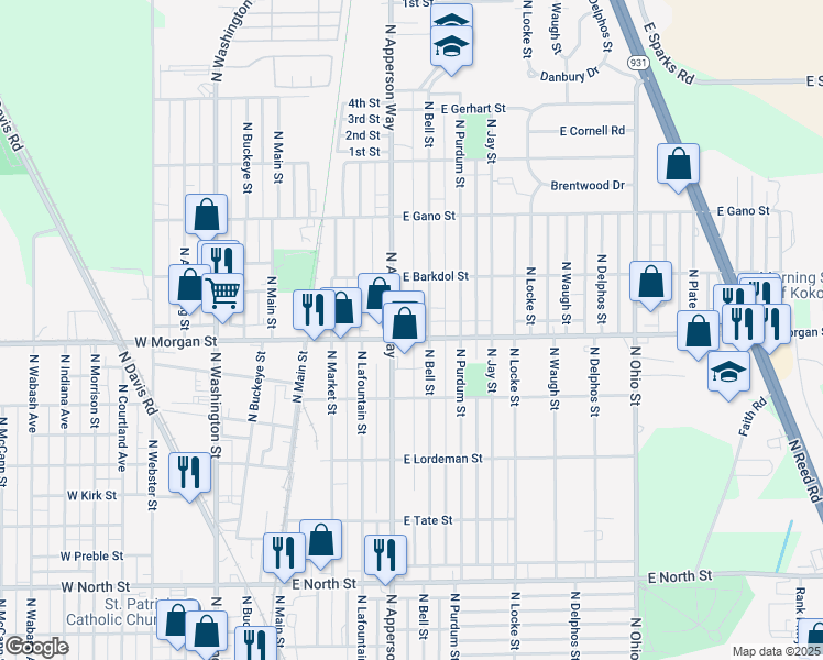 map of restaurants, bars, coffee shops, grocery stores, and more near 2115 North Bell Street in Kokomo