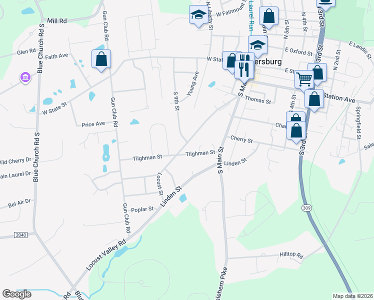 map of restaurants, bars, coffee shops, grocery stores, and more near 729-731 Tilghman Street in Coopersburg