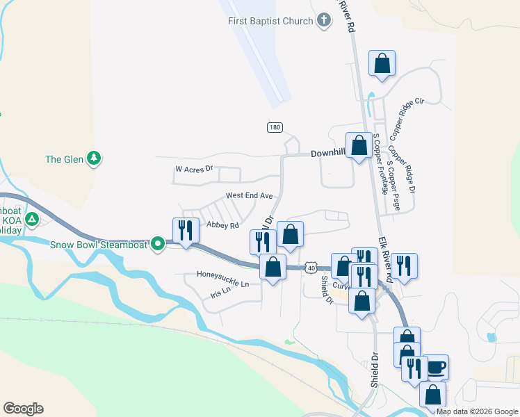 map of restaurants, bars, coffee shops, grocery stores, and more near 2597 Abbey Road in Steamboat Springs