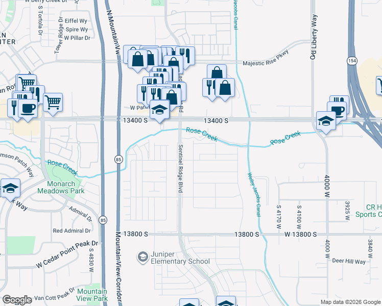 map of restaurants, bars, coffee shops, grocery stores, and more near 13518 Zola Drive in Riverton
