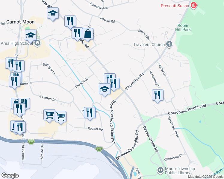 map of restaurants, bars, coffee shops, grocery stores, and more near 1136 Thorn Run Road in Moon
