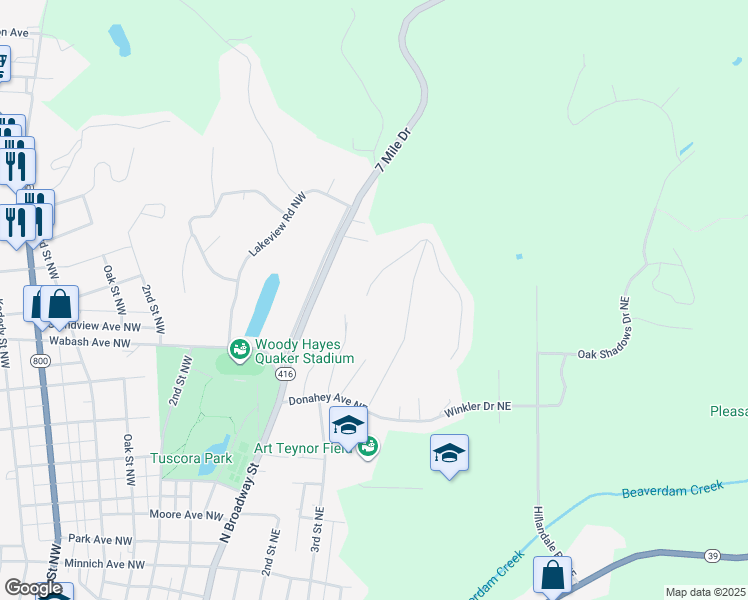 map of restaurants, bars, coffee shops, grocery stores, and more near 310 Hillcrest Drive Northeast in New Philadelphia