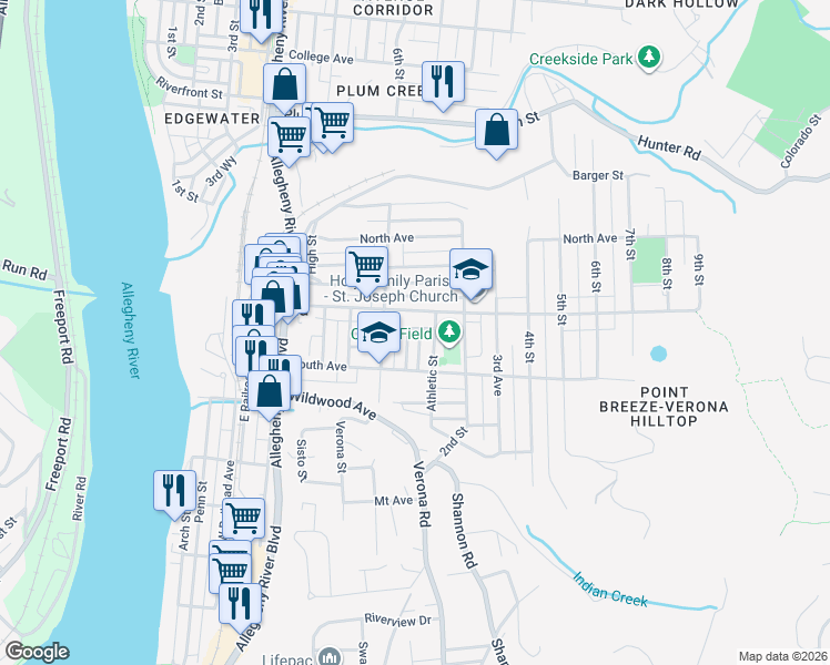 map of restaurants, bars, coffee shops, grocery stores, and more near 540 Center Avenue in Verona