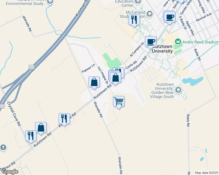 map of restaurants, bars, coffee shops, grocery stores, and more near 15100 Kutztown Road in Kutztown