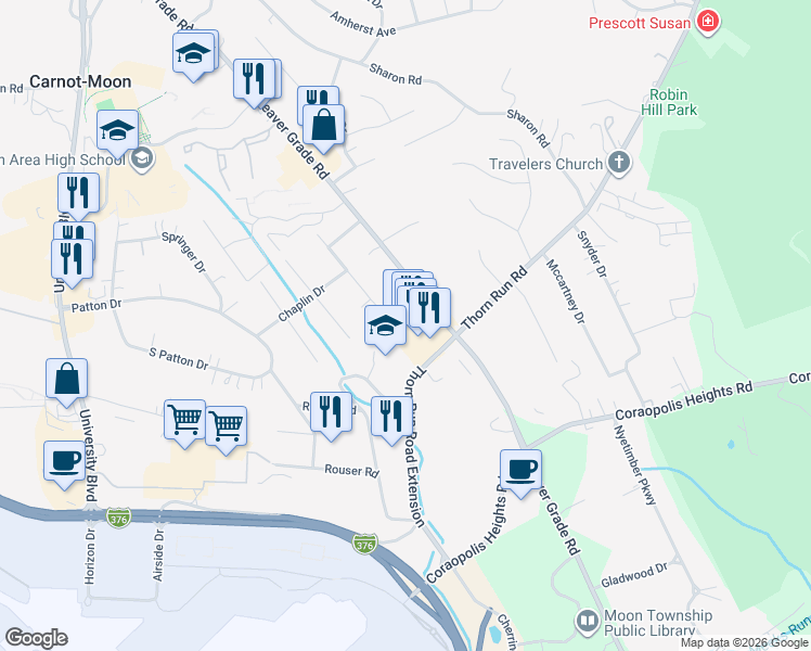 map of restaurants, bars, coffee shops, grocery stores, and more near 1136 Thorn Run Road in Moon